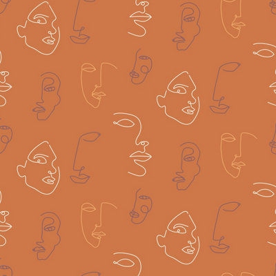 furn. Kindred Terracotta Orange Abstract Faces Printed Wallpaper Sample