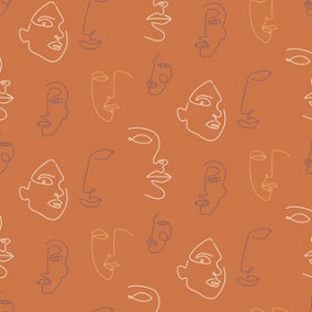 furn. Kindred Terracotta Orange Abstract Faces Printed Wallpaper Sample