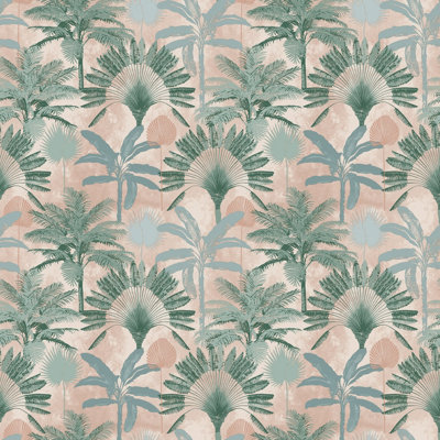 furn. Malaysian Palm Blush Pink/Green Tropical Printed Wallpaper Sample