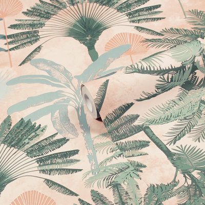 furn. Malaysian Palm Blush Pink/Green Tropical Printed Wallpaper Sample