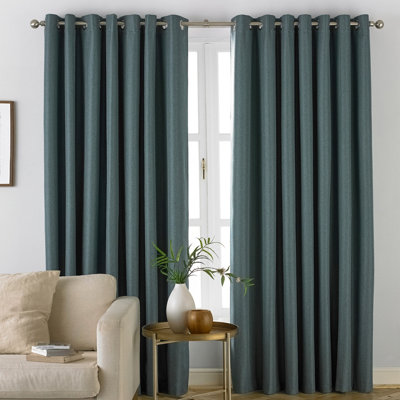 furn. Moon Herringbone 100% Blackout Eyelet Curtains, Mineral Blue