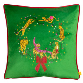 furn. Purrfect Leaping Leopards Festive Velvet Feather Filled Cushion