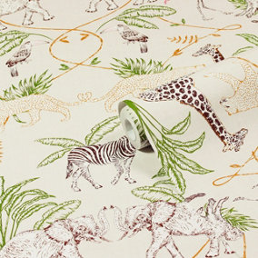 furn. Serengeti Natural Beige Animal Printed Wallpaper