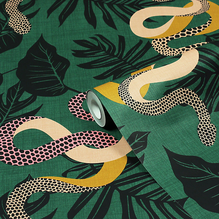 furn. Serpentine Juniper Green Animal Printed Wallpaper | DIY at B&Q