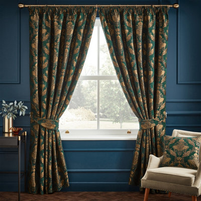 furn. Shiraz Traditional Damask Jacquard Pencil Pleat Curtains, Emerald