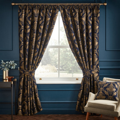 furn. Shiraz Traditional Damask Jacquard Pencil Pleat Curtains, Navy