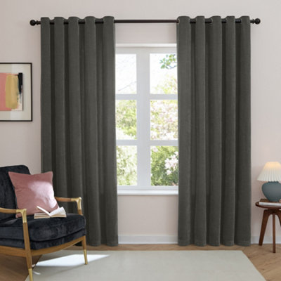 Furn Soft Chenille Blackout Eyelet Curtain Pair, Charcoal, (W) 168 x (D) 137cm