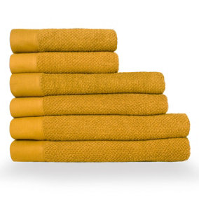 furn. Textured 6 Piece Hand Towel/Bath Towel/Bath Sheet Bale, Cotton, Ochre