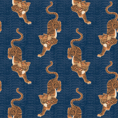 furn. Tibetan Tiger Blue Animal Printed Wallpaper Sample