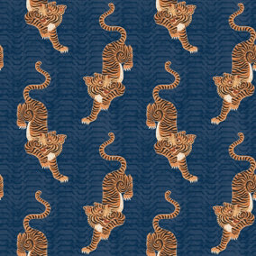 furn. Tibetan Tiger Blue Animal Printed Wallpaper Sample