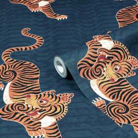 furn. Tibetan Tiger Blue Animal Printed Wallpaper
