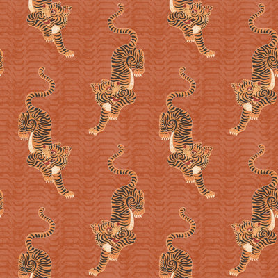 furn. Tibetan Tiger Coral Orange Animal Printed Wallpaper Sample