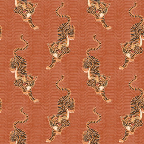 furn. Tibetan Tiger Coral Orange Animal Printed Wallpaper Sample