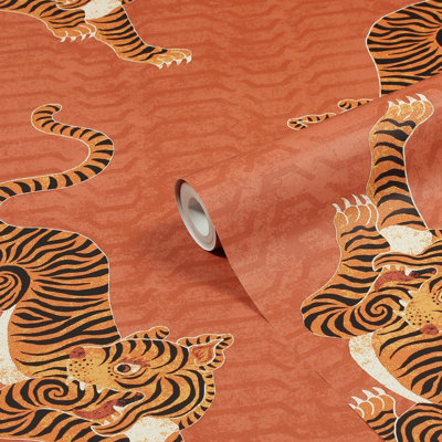 furn. Tibetan Tiger Coral Orange Animal Printed Wallpaper