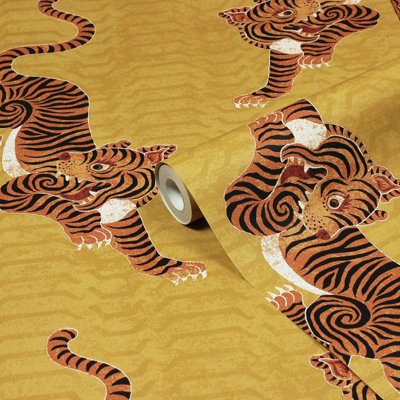 furn. Tibetan Tiger Mustard Yellow Animal Printed Wallpaper