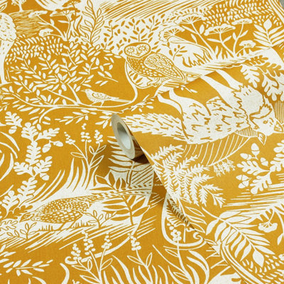 furn. Winter Woods Ochre Yellow Woodland Printed Wallpaper | DIY at B&Q