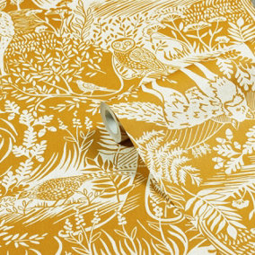 furn. Winter Woods Ochre Yellow Woodland Printed Wallpaper