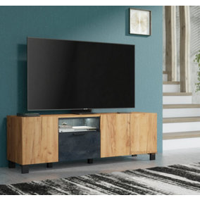 Furneo 150cm TV Stand Oak & Black Concrete Effect Unit Cabinet White LED Lights Enzo 04