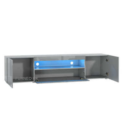 Furneo 200cm Long TV Stand Unit Cabinet Matt & High Gloss Grey Clifton08G Blue LED Ligh