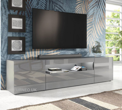 Furneo 200cm Long TV Stand Unit Cabinet Matt & High Gloss Grey Clifton08G White LED Lights