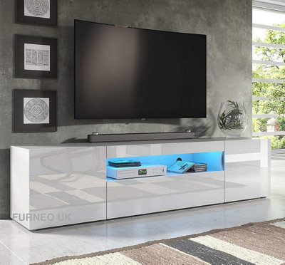 Furneo 200cm Long TV Stand Unit Cabinet Matt & High Gloss White Clifton08 Blue LED Lights