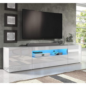 Furneo 200cm Long TV Stand Unit Cabinet Matt & High Gloss White Clifton08 Blue LED Lights