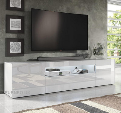 Furneo 200cm Long TV Stand Unit Cabinet Matt & High Gloss White Clifton08 White LED Lights