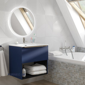 Furneo Bathroom Vanity Unit Floating Storage Basin Blueberry Matt 1-Drawer 60cm With Gold Handle