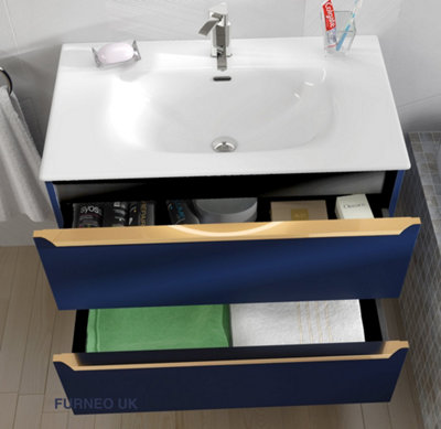 Furneo Bathroom Vanity Unit Floating Storage Basin Blueberry Matt 1-Drawer 60cm With Matt Black Handle
