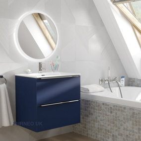 Furneo Bathroom Vanity Unit Floating Storage Basin Blueberry Matt 2-Drawer 60cm With Chrome Handle