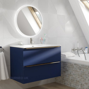 Furneo Bathroom Vanity Unit Floating Storage Basin Blueberry Matt 2-Drawer 80cm With Gold Handle