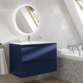 Furneo Bathroom Vanity Unit Floating Storage Basin Blueberry Matt 2-Drawer 80cm With Matt Black Handle