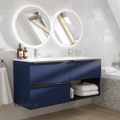 Furneo Bathroom Vanity Unit Floating Storage Basin Blueberry Matt 3-Drawer 120cm With Gold Handle