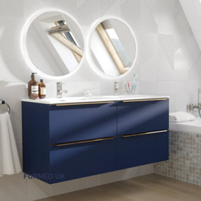 Furneo Bathroom Vanity Unit Floating Storage Basin Blueberry Matt 4-Drawer 120cm With Gold Handle