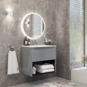Furneo Bathroom Vanity Unit Floating Storage Basin Gloss Grey 1-Drawer 60cm With Chrome Handle