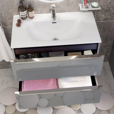 Furneo Bathroom Vanity Unit Floating Storage Basin Gloss Grey 1-Drawer 60cm With Chrome Handle