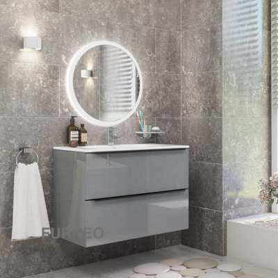 Furneo Bathroom Vanity Unit Floating Storage Basin Gloss Grey 2-Drawer 80cm With Matt Black Handle