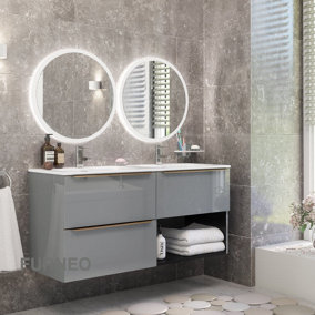 Furneo Bathroom Vanity Unit Floating Storage Basin Gloss Grey 3-Drawer 120cm With Gold Handle