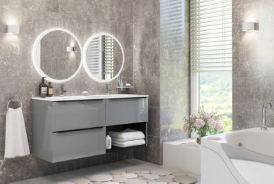 Furneo Bathroom Vanity Unit Floating Storage Basin Gloss Grey 3-Drawer 120cm With Matt Black ...