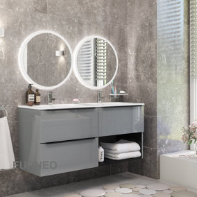 Furneo Bathroom Vanity Unit Floating Storage Basin Gloss Grey 3-Drawer 120cm With Matt Black Handle