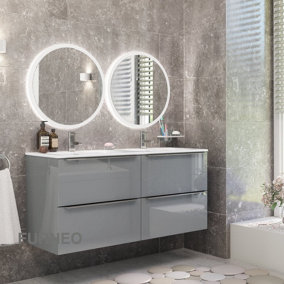 Furneo Bathroom Vanity Unit Floating Storage Basin Gloss Grey 4-Drawer 120cm With Chrome Handle
