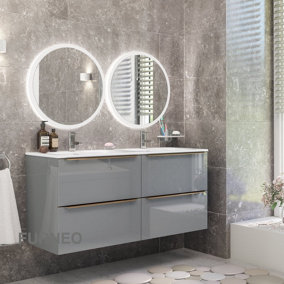 Furneo Bathroom Vanity Unit Floating Storage Basin Gloss Grey 4-Drawer 120cm With Gold Handle