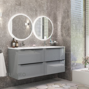 Furneo Bathroom Vanity Unit Floating Storage Basin Gloss Grey 4-Drawer 120cm With Matt Black Handle