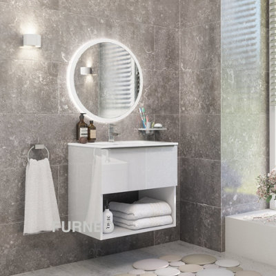 Furneo Bathroom Vanity Unit Floating Storage Basin Gloss White 1-Drawer 60cm With Chrome Handle