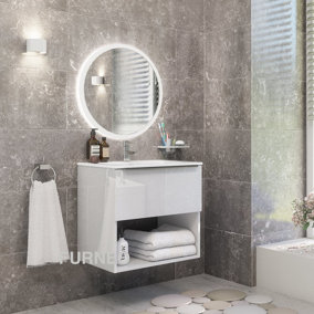 Furneo Bathroom Vanity Unit Floating Storage Basin Gloss White 1-Drawer 60cm With Chrome Handle