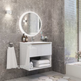 Furneo Bathroom Vanity Unit Floating Storage Basin Gloss White 1-Drawer 60cm With Gold Handle