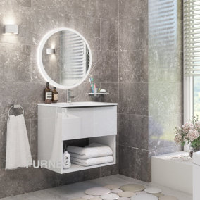 Furneo Bathroom Vanity Unit Floating Storage Basin Gloss White 1-Drawer 60cm With Matt Black Handle