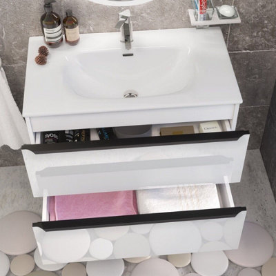 Furneo Bathroom Vanity Unit Floating Storage Basin Gloss White 1-Drawer 60cm With Matt Black Handle