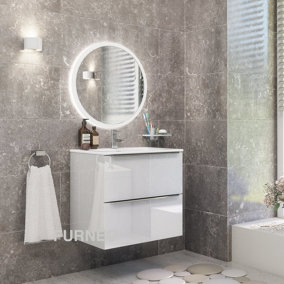 Furneo Bathroom Vanity Unit Floating Storage Basin Gloss White 2-Drawer 60cm With Chrome Handle