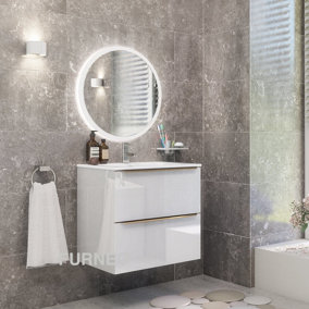 Furneo Bathroom Vanity Unit Floating Storage Basin Gloss White 2-Drawer 60cm With Gold Handle